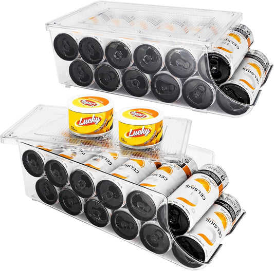 2 Pack Skinny Can Organizer for Refrigerator, Stackable Tall Skinny Soda Pop Can Holder Dispenser with Lid for Fridge Pantry Rack Freezer, Clear Plastic Storage Bins-Holds 12 Slim Cans Each