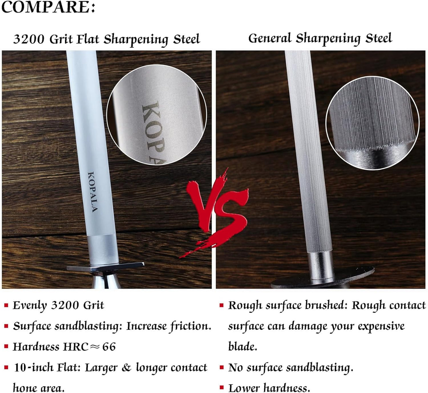 Sharpening Steel Knife Sharpener Rod Flat 10 Inches Honing Steel for Knives Dark