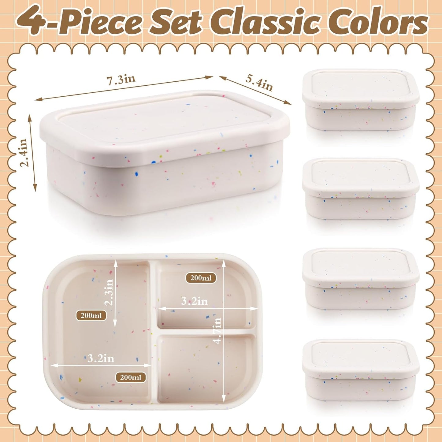 Honeydak 4 Pcs Silicone Bento Lunch Box 3 Compartment Reusable Leakproof Silicone Bento Lunch Container for Adults Microwave Dishwasher Freezer Safe(Beige)