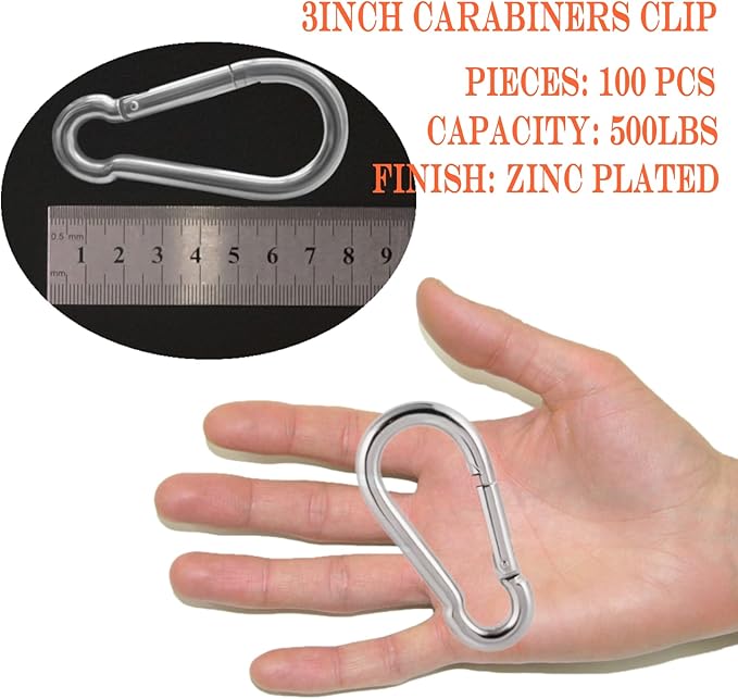 100Pack Heavy Duty Carabiner Clips, M8 5/16" Spring Snap Hooks 3Inch Zinc-Galvanized Steel Chain Clips Quick Links Safety Connector for Hammock Swing Fitness Gym Outdoor Supplies Boating