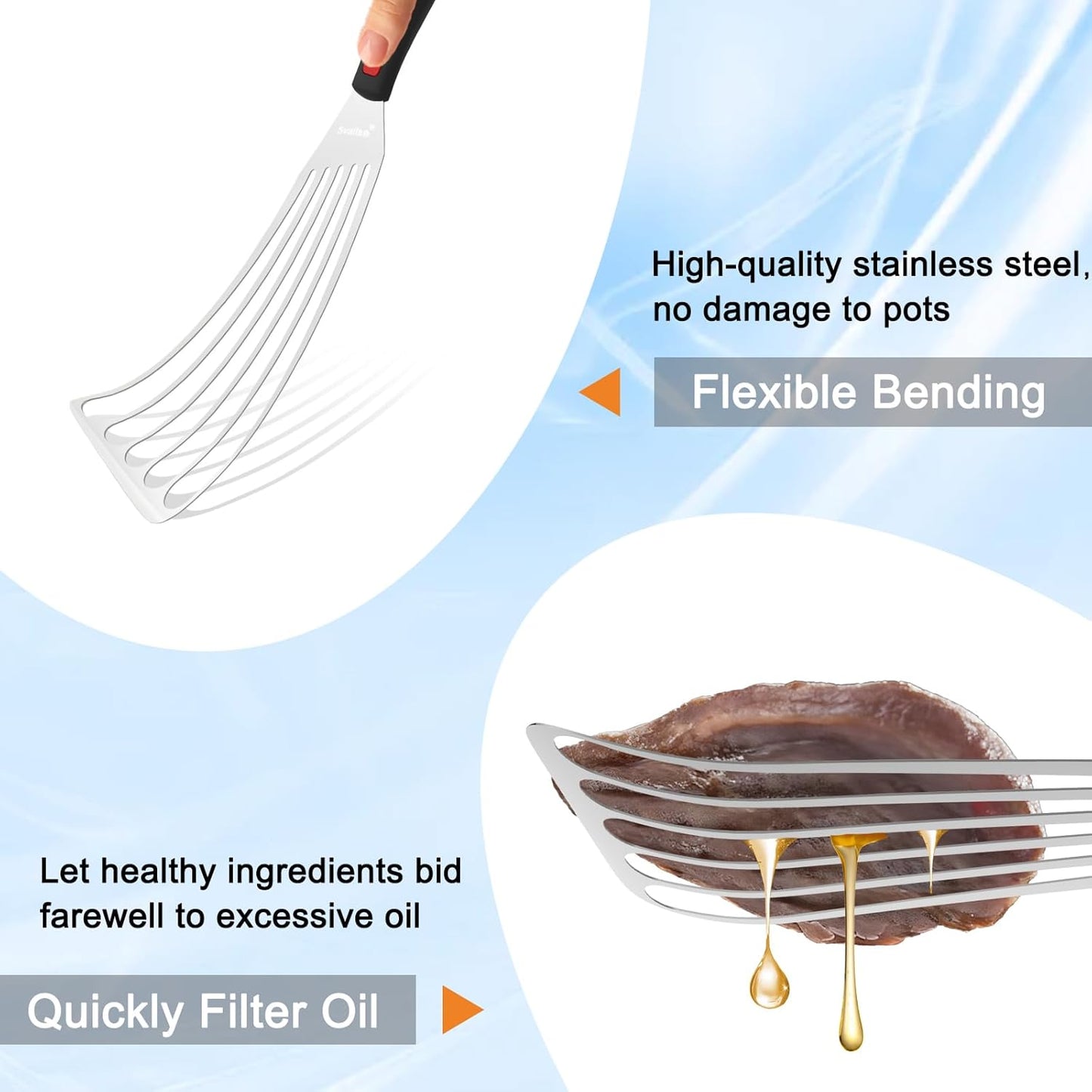 Fish Spatula Stainless Steel, Flexible Metal Spatulas with Silicone Handle, Slotted Turner for Kitchen, Cooking, Grilling, Flipping, Turning, Egg, Pancake and Burger (Large, 12.2 Inch)