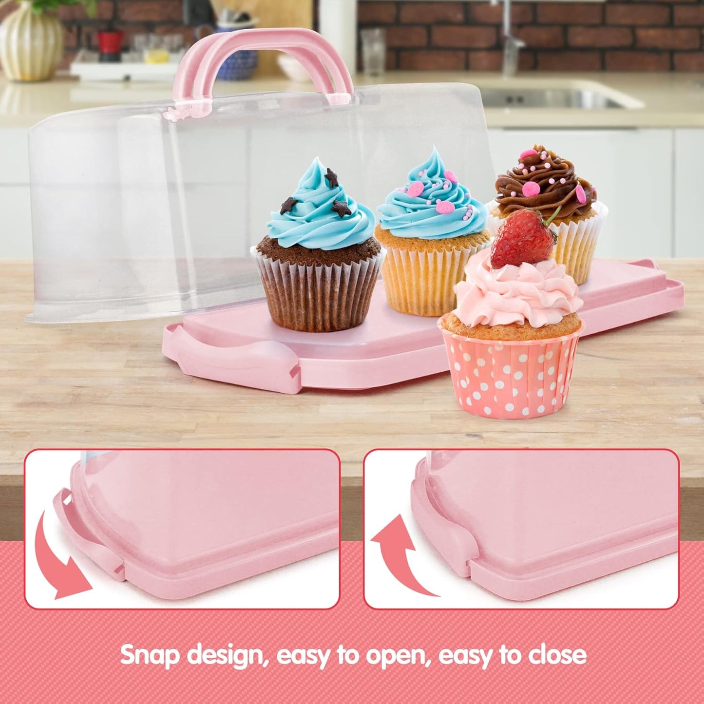 2-Pack Plastic Rectangular Bread Box with Clear Lid, Loaf Cake Keeper, Portable Bread Keeper Storage Container with Handle (Pink)