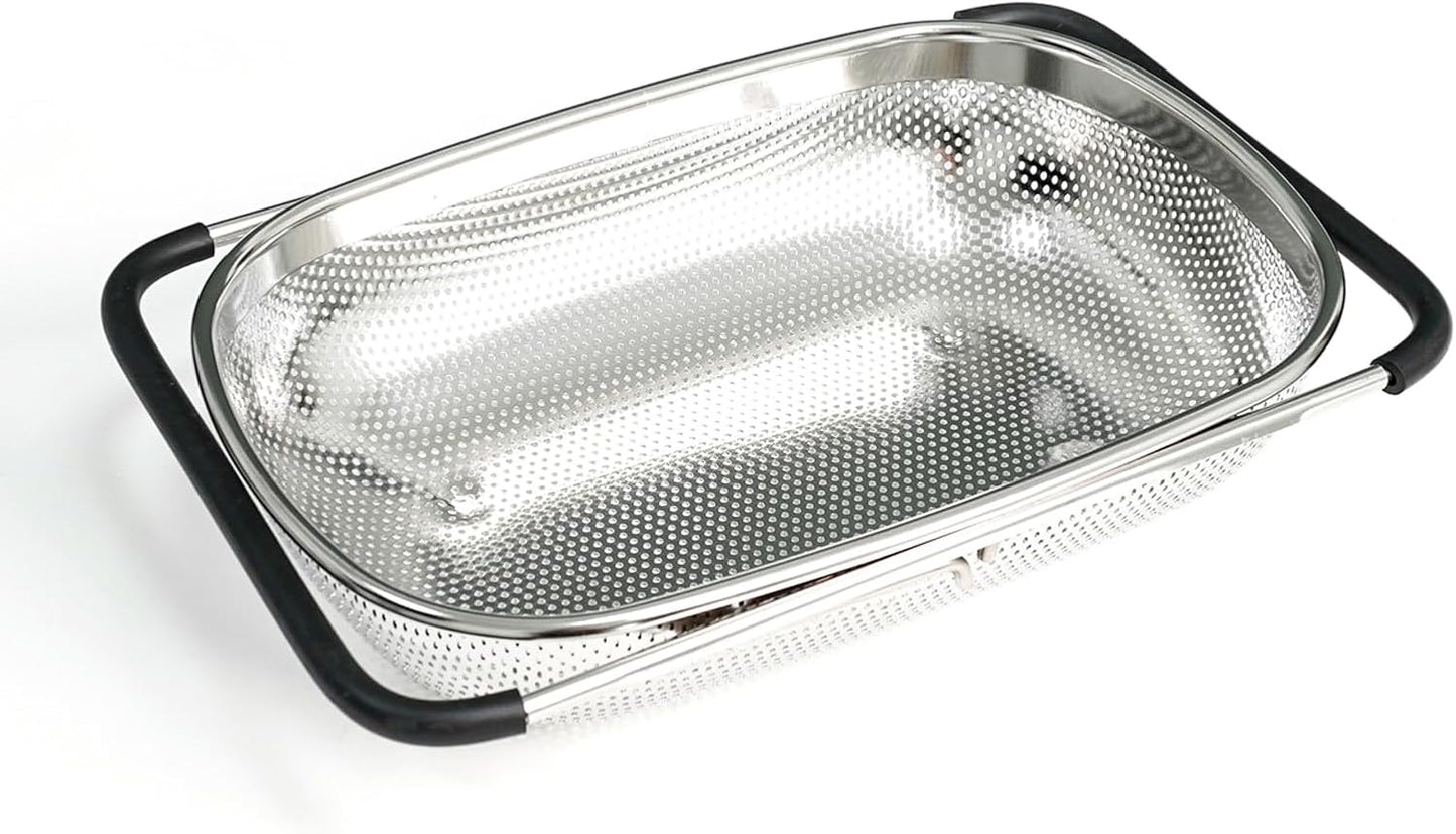 REDANT Over The Sink Colander - Expandable Stainless Steel Strainer with Fine Mesh for Pasta, Rice, Fruits & Vegetables - Kitchen Colander with Rubber Grip Handles, Silver (1-Pack)