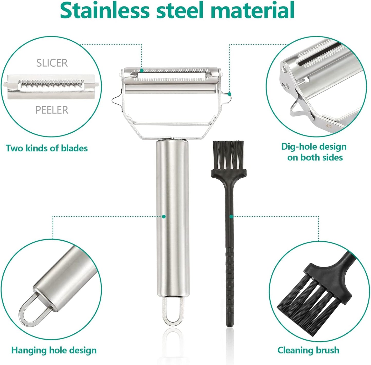 Stainless Steel Peeler Julienne Cutter Slicer for Carrot Potato Melon Vegetable and Fruit with Cleaning Brush