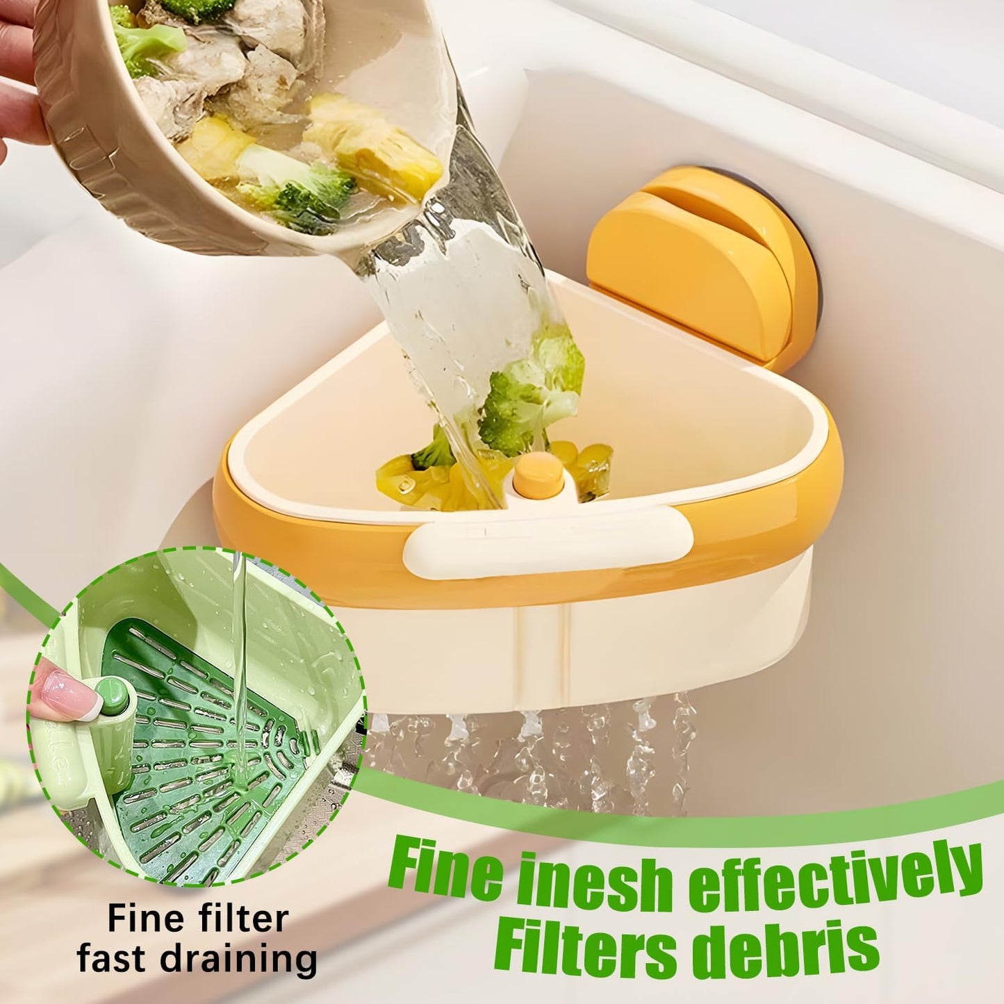 Suction Cup Sink Corner Rack, 2025 New Upgraded Suction Cup Press Triangular Drainer Basket, Automatic Dumping Sink Strainer Basket, Hanging Corner Sink Trash Catcher for Kitchen Food Waste (Green)