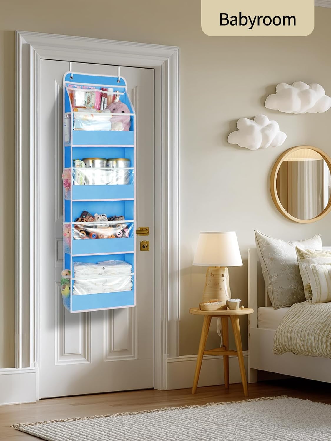 Yecaye 5 Tier 2Pc Over the Door Organizer, Swing-proof Door Organizer Hanging with Clear PVC Windows, Behind the Door Storage for Bedroom Nursery Closet Laundry Pantry Bathroom, Soft Sky Blue