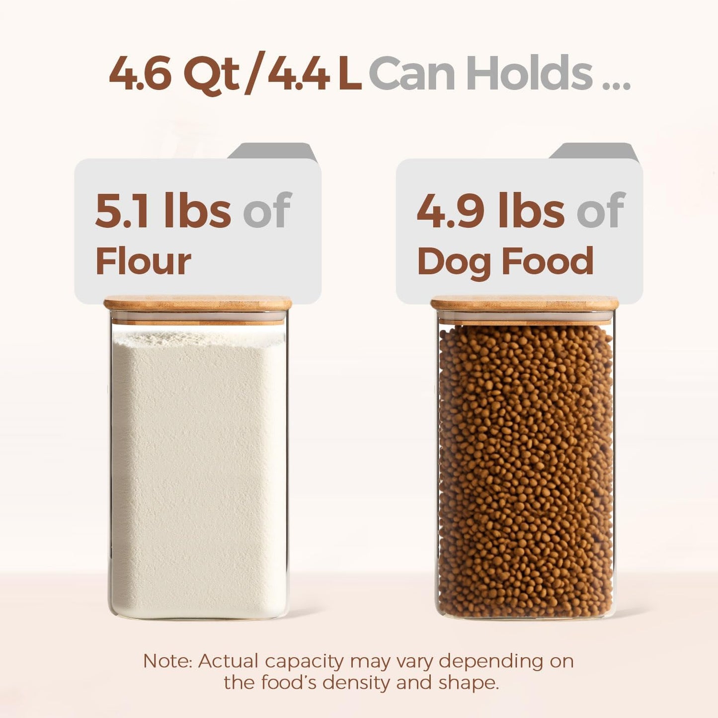 ComSaf 4.6Qt Glass Food Storage Containers, 1.2 Gallon Glass Flour and Sugar Containers with Airtight Lids, Large Square Jars with Bamboo Lids for Rice, Pasta, Oats, Grains, Cookies, Coffee Beans