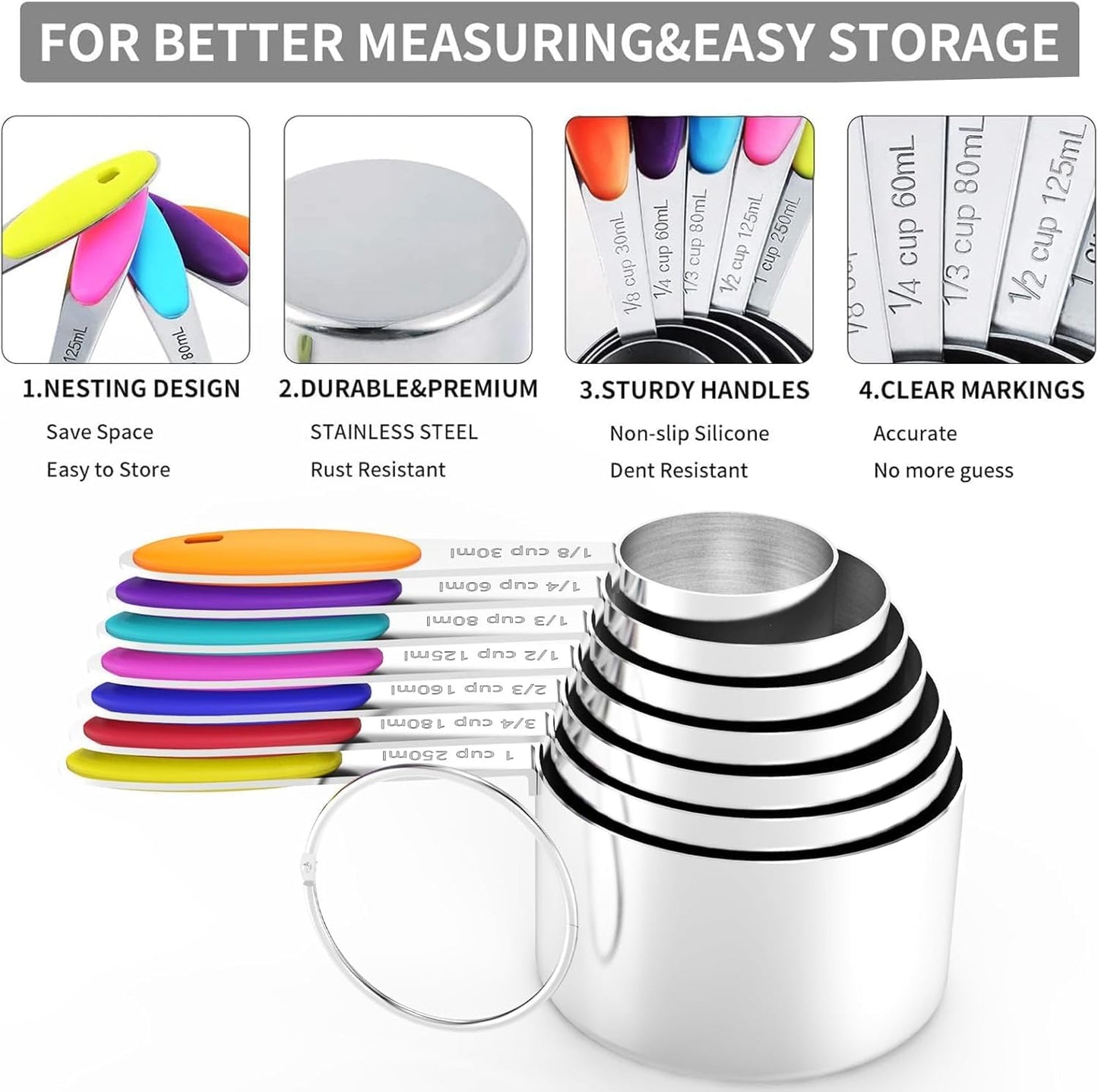 TILUCK measuring cups and magnetic measuring spoons set, stainless steel measuring cups, 6 double-sided stainless steel measuring spoons & 1 leveler(7+7)