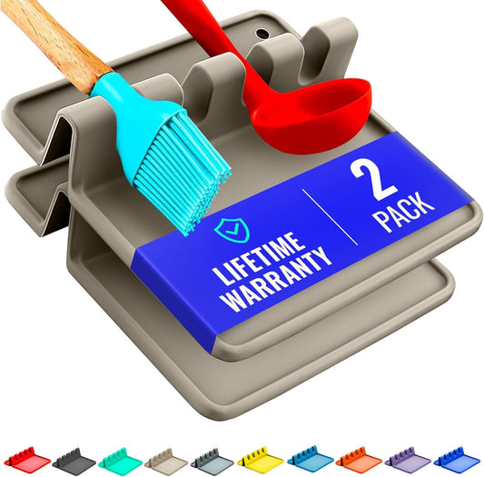 Cream Silicone Spoon Rest for Stove Top with Drip Pad (Two Pack) - Heat-Resistant, BPA-Free Utensil Rest & Spoon Holder for Kitchen Counter - Grill Utensil Holder for Spatulas, Tongs, Ladles