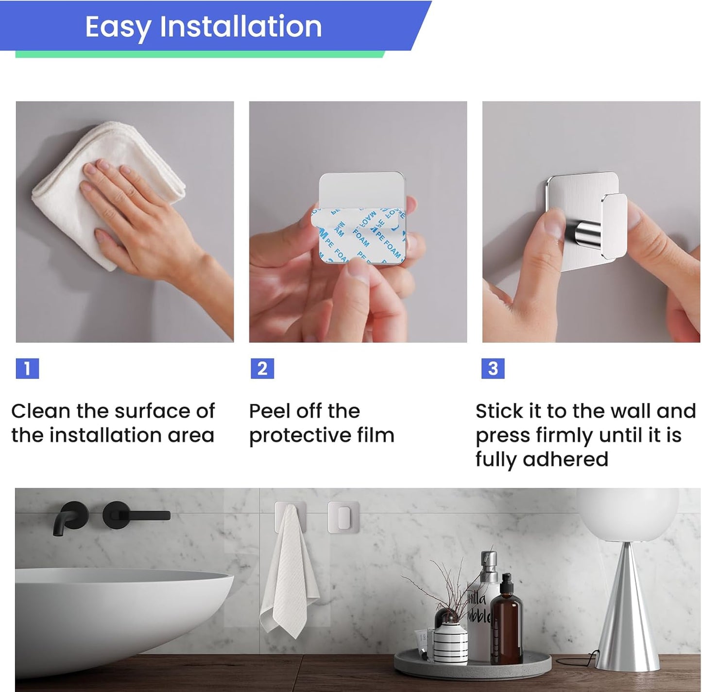 Silver Hooks for Hanging Heavy Duty, Adhesive Hooks for Shower, Bathroom, Kitchen, Robe, Towel, Coat, Waterproof & Rustproof Hook for Walls No Damage, Stainless Steel Sticky Hook - 6 Pack