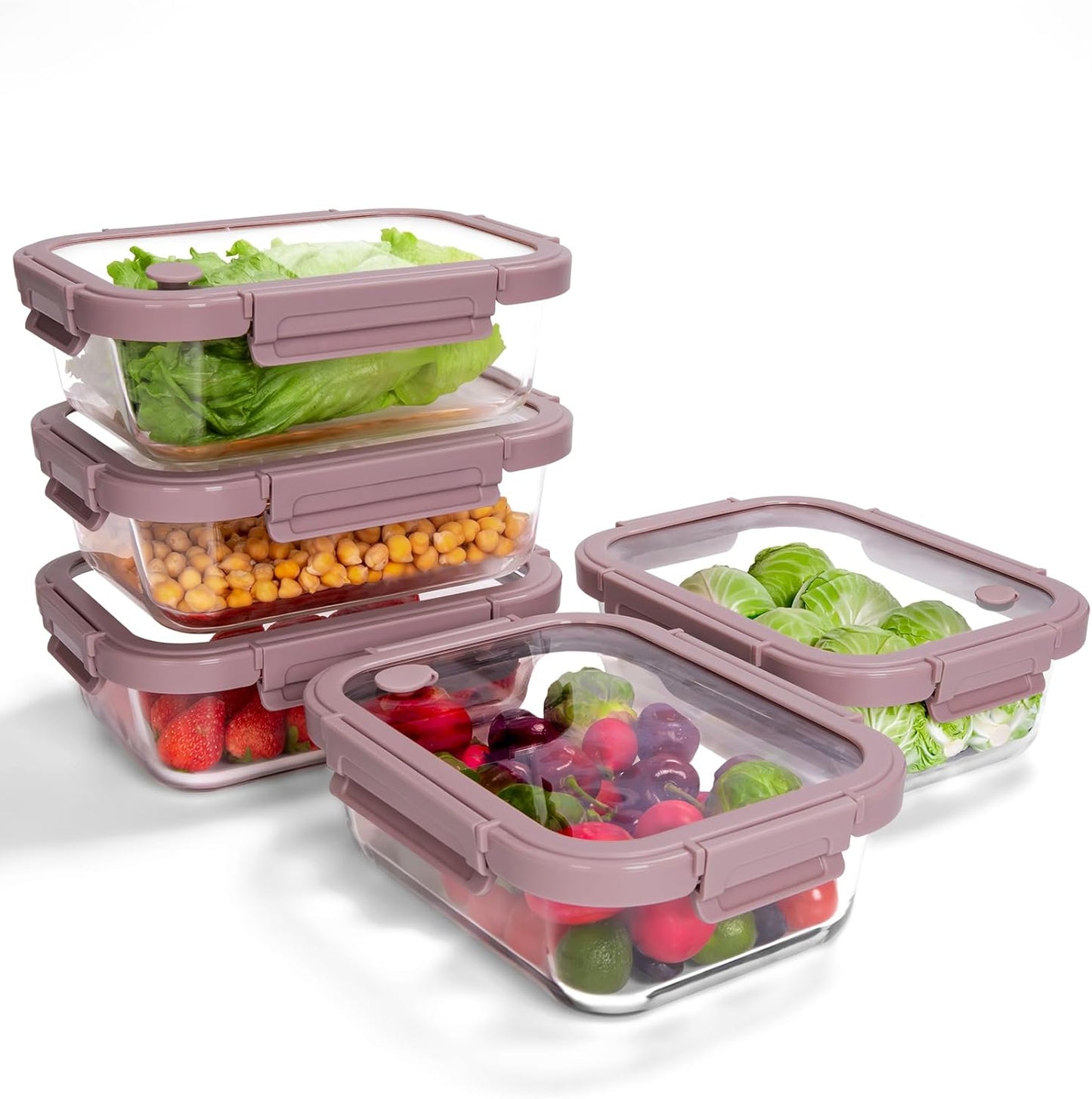 5-Pack Borosilicate Glass Containers with Tempered Lids, 35.2oz/4.4 Cup Airtight Meal Prep Set, Microwave/Freezer Safe (Pink)