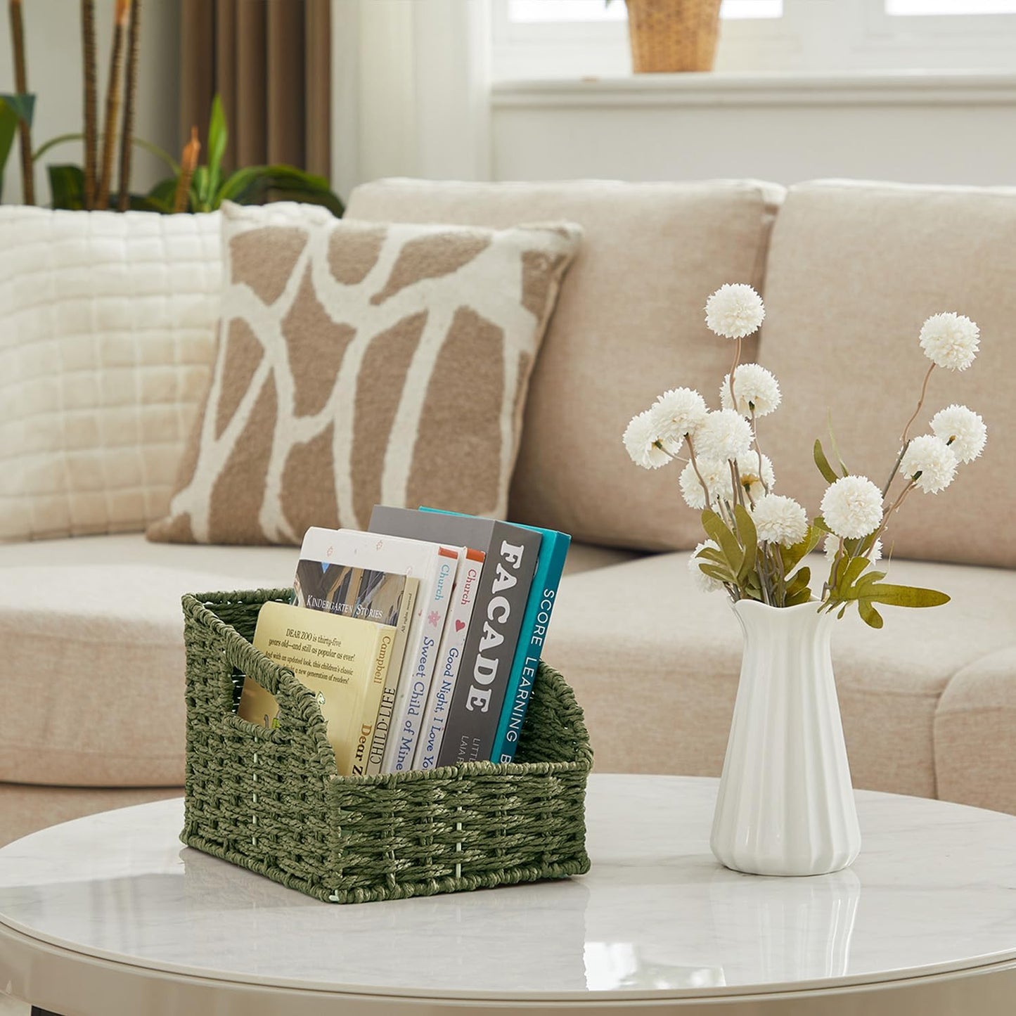 Wicker Baskets for Organizing,Pantry, Kitchen Counter with Handles, Handwoven Woven Storage Baskets for Fruit, Bread, Vegetable, Paper Storage Bins for Shelves, 3 Pack, Green