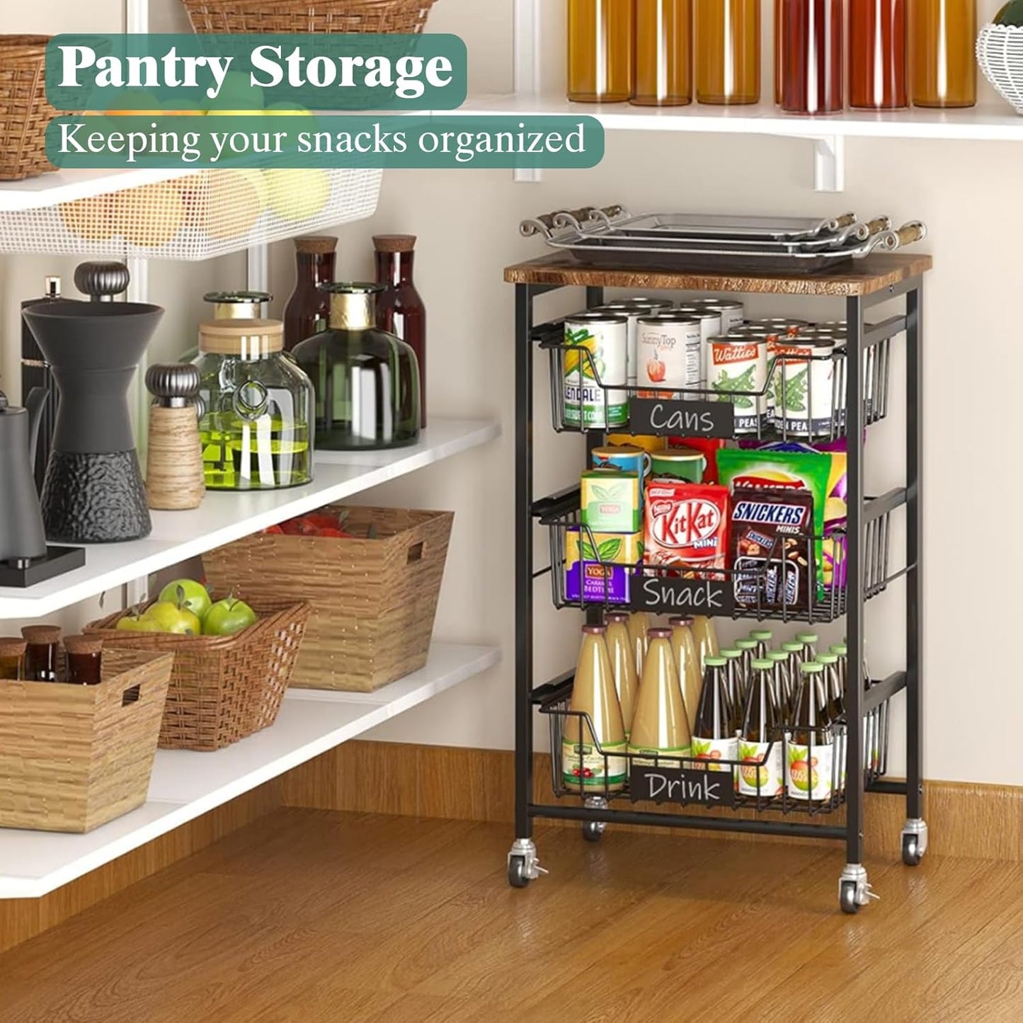 4-Tier Vegetable Fruit Basket Kitchen Storage Rolling Cart on Wheels with Pull-Out Baskets and Wood Top for Kitchen Diningroom Pantry