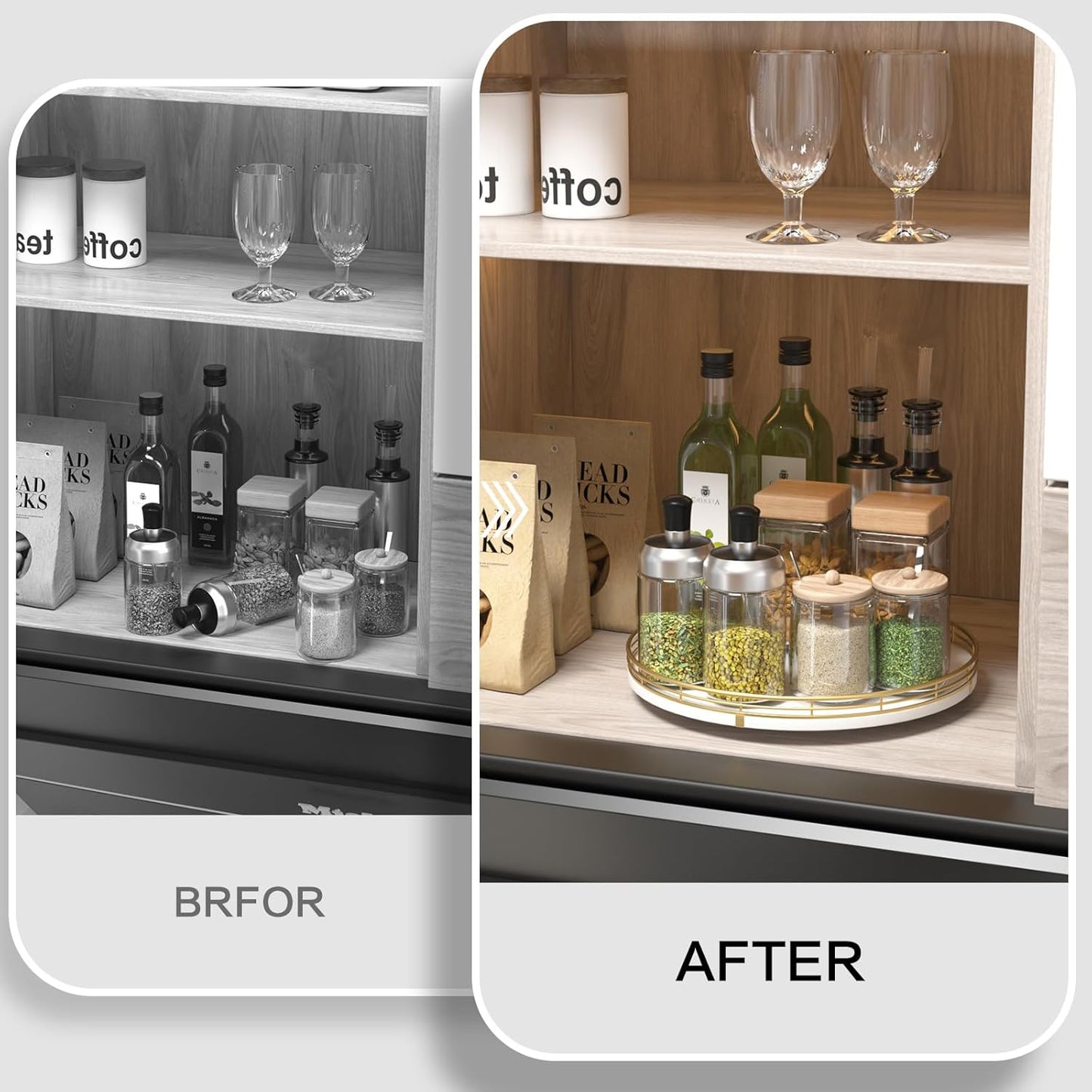 12" Wooden Lazy Susan Turntable for Cabinet – Round Rotating Spice Rack Organizer, White Kitchen Countertop Tray for Dining Table & Pantry Storage (White & Gold)