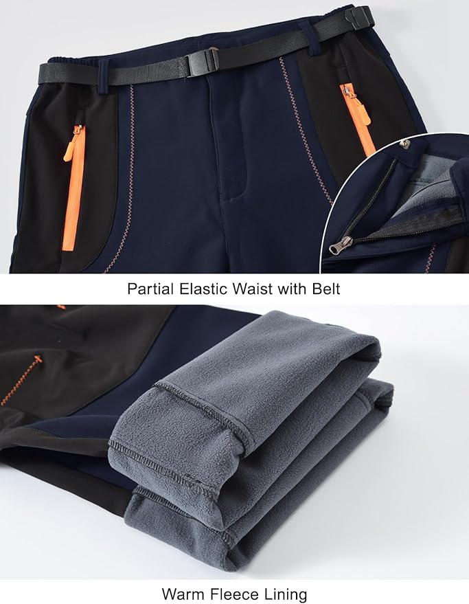 Rdruko Men's Snow Ski Pants Waterproof Insulated Winter Outdoor Snowboard Hiking Fleece Pants with Belt