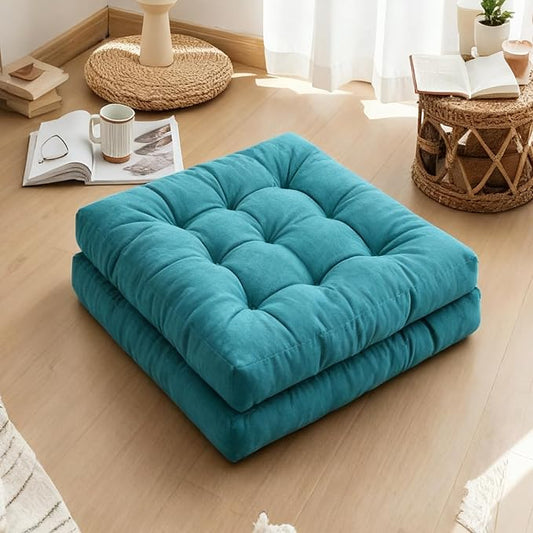 Tiita Square Outdoor Cushions Floor Pillow Thicken Tufted Seat Cushion for Adult Seating on Floor Yoga Meditation Living Room Balcony Office Indoor, Set of 2, 22x22 Inch, Blue
