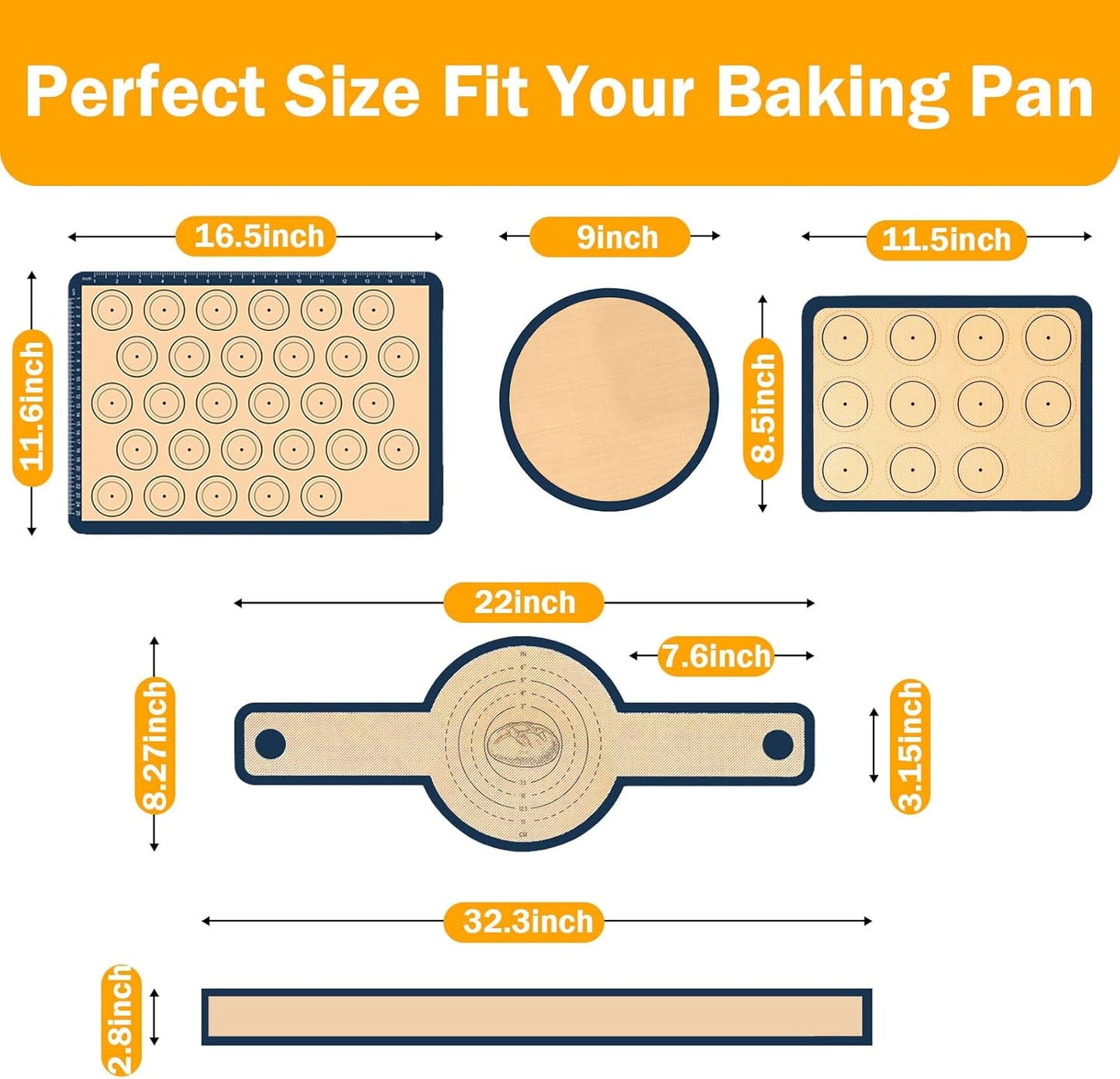 Macaron Silicone Baking Mat Set with Measurement Grid All-in-one 7Pcs Reusable Non-Stick Oven Mats Sheets for Macaron Cookie, Pizza, Pastries & Bread