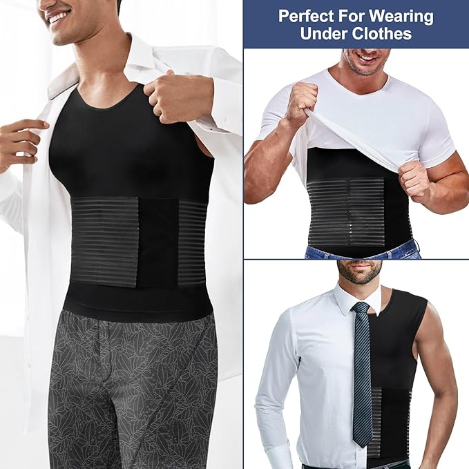 Odoland Men Body Shaper Compression Shirt, Adjustable Velcro Waist Trimmer Belt Intensity, Slimming Shapewear Tummy Control