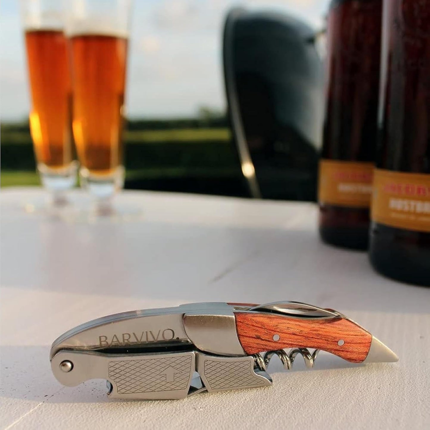 Barvivo Wine Opener with Foil Cutter and Cap Remover - Double Hinged Corkscrew for Bartenders - Stainless Steel Wine Key for Easy Bottle Opening - Manual Wine Bottle Opener - Pakkawood, 4.7x1.2-Inch
