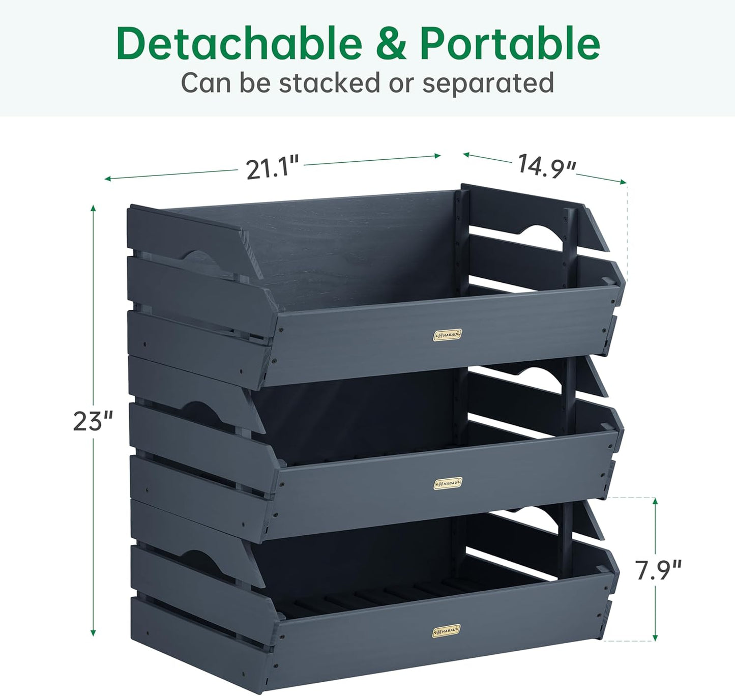 HABAU Wood Potato Onion Storage Bins - Wooden Stackable Produce Basket - Fruit Vegetable Storage for Kitchen Pantry Organization, Set 3 Pieces