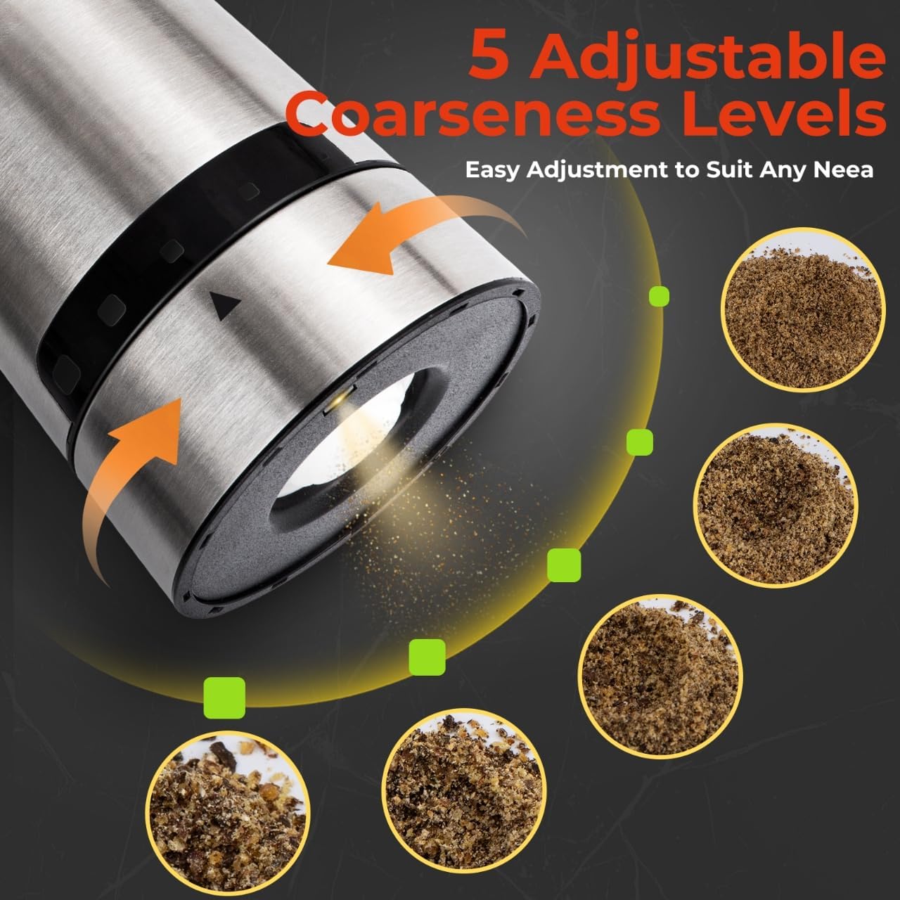 Electric Salt and Pepper Grinder Set, Rechargeable with LED Lights, Stainless Steel Automatic Pepper & Salt Mill with 5 Adjustable Coarseness (Upgraded Larger Capacity 150 ML)