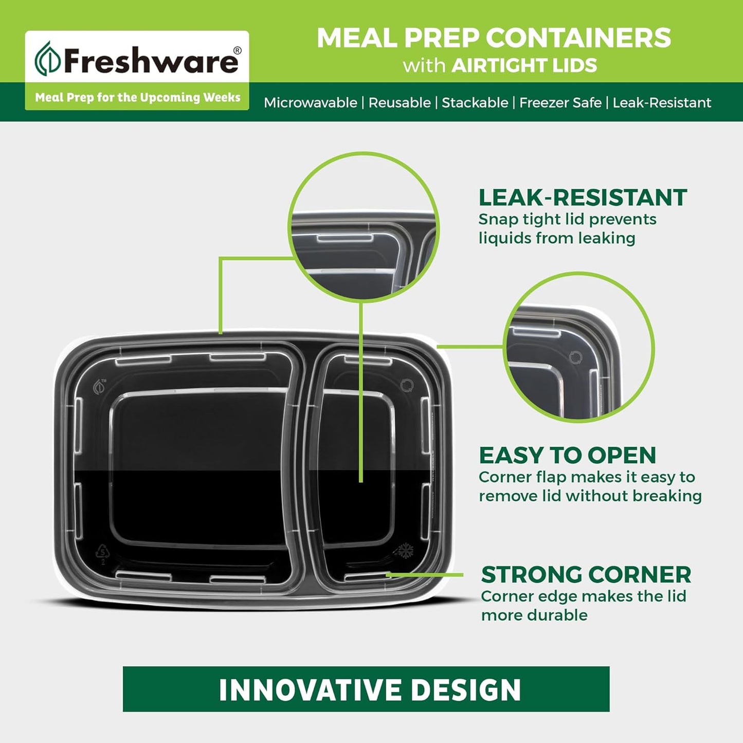 Freshware Meal Prep Containers [50 Count ] 2 Compartment with Lids, Food Storage Containers, Bento Box, BPA Free, Stackable, Microwave/Dishwasher/Freezer Safe (28 oz)