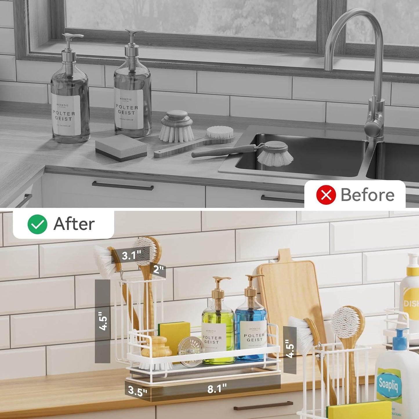 Yofidra Sink Caddy with Stone Drying Tray: Stainless Steel Soap Dispenser Kitchen Sink Organizer Set, Sponge Holder Counter Accessories Decor for Kitchen Organizers and Storage 8.1x3.5x4.5 in White