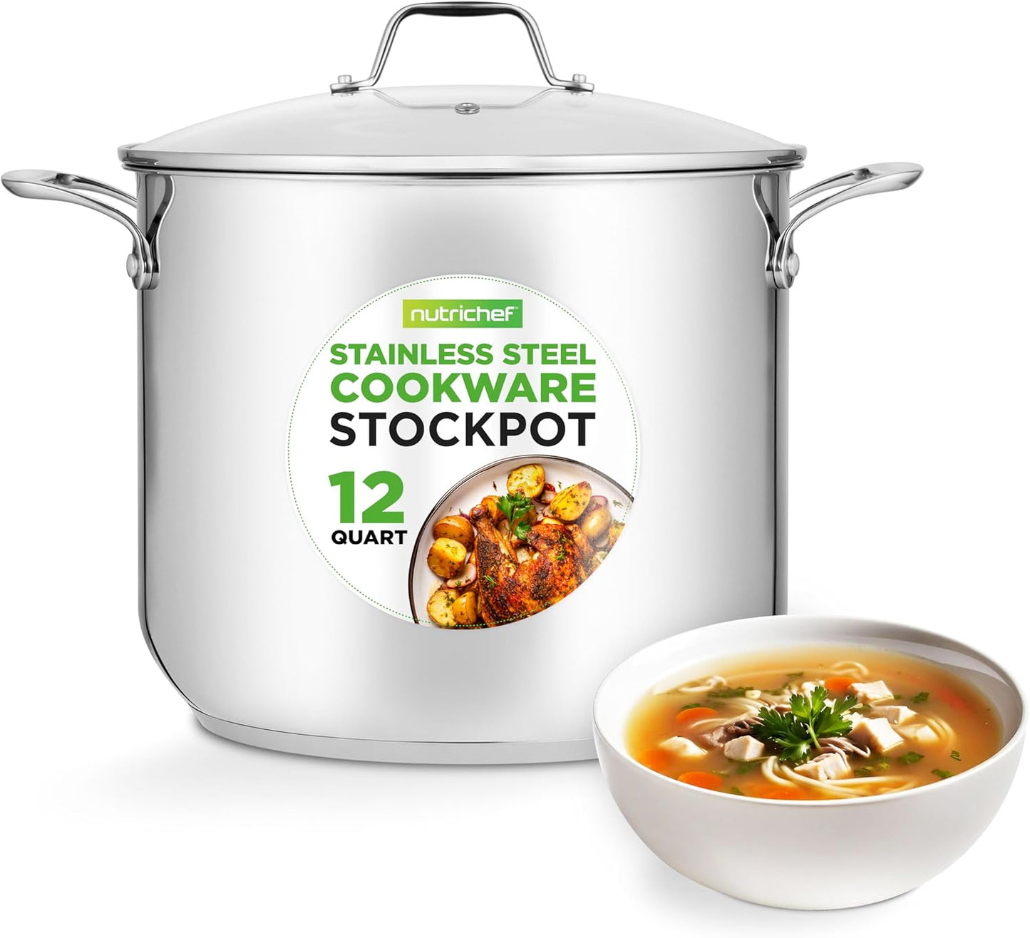 NutriChef 12-Quart Stainless Steel Stock Pot - 18/8 Food Grade Stainless Steel Heavy Duty Induction - Large Stockpot for Stews, Simmering & Soups with See Through Lid, Dishwasher Safe - NCSP12