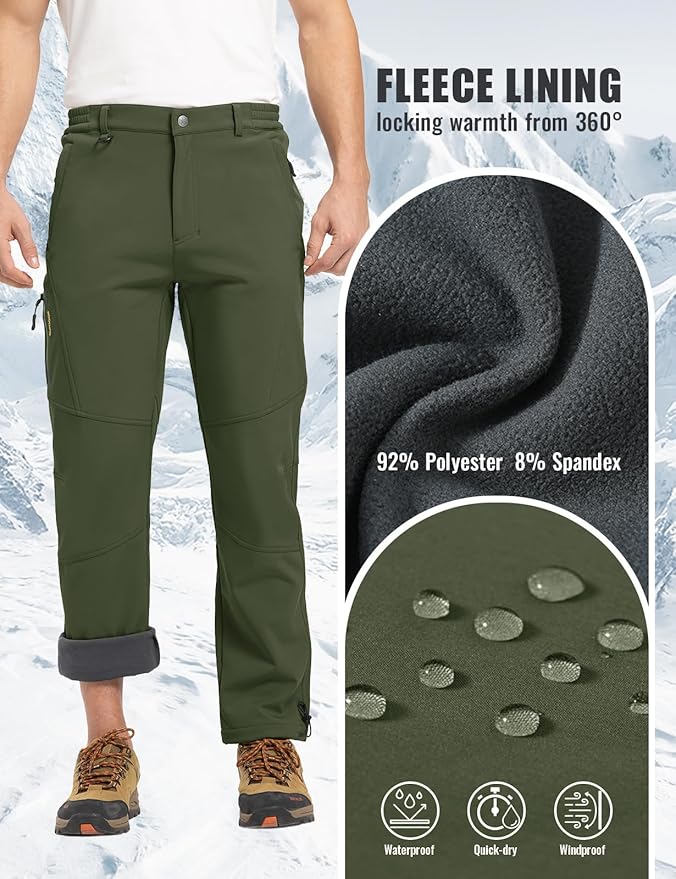 Rdruko Men's Snow Pants Waterproof Insulated Winter Hiking Pants Snowboard Fleece Lined Softshell Ski Pants