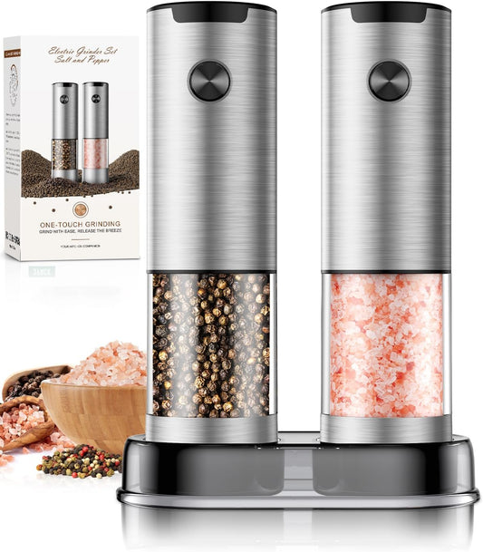 Electric Salt and Pepper Grinder- Automatic Battery Pepper Mill Shakers Kitchen Essentials for New Home Adjustable Coarseness Upgraded Larger Capacity with Led for Housewarming Gifts