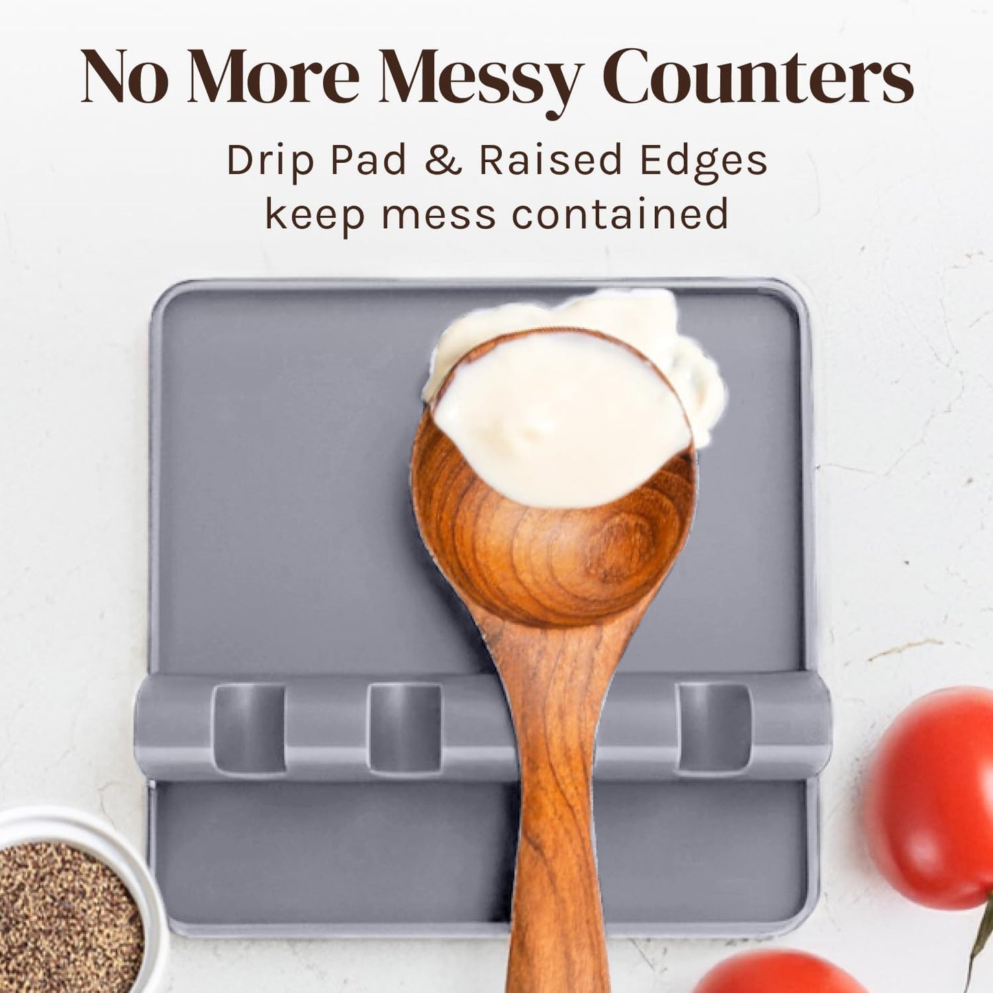 Silicone Spoon Rest for Stove Top with Drip Pad (2 Pack) - Heat Resistant BPA Free Utensil Rest & Kitchen Spoon Holder for Kitchen Counter - Grill Countertop - Spatula Holder, Tongs, Ladle - Grey