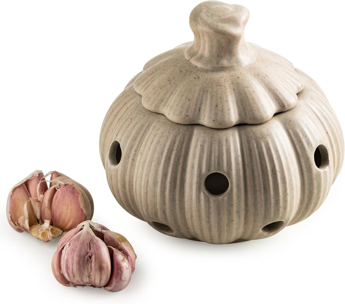 Ceramic Garlic Keeper for Counter, Garlic Holder with Lid and Holes Large Garlic Saver and Storage Cute Kitche Gadget, Yellow