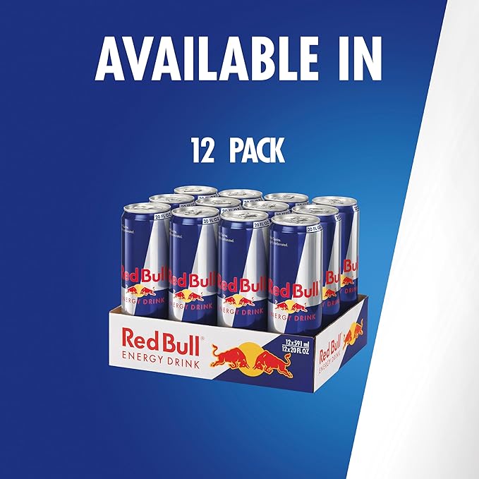 Red Bull Energy Drink with 189mg Caffeine plus Taurine & B Vitamins, 20 Fl Oz, Pack of 12 Cans