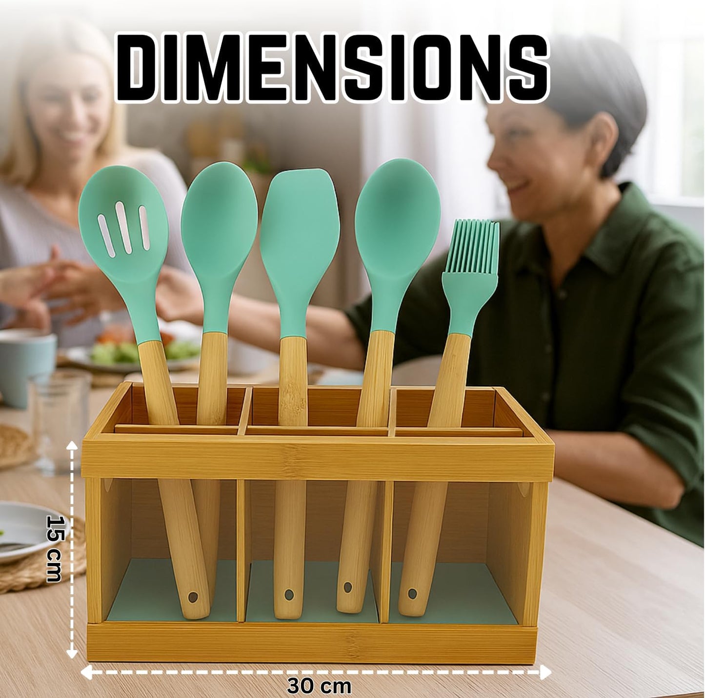 Wooden Utensil Holder Organizer with 6 Compartments, Rustic Countertop Kitchen Utensil Holder perfect for storing spoons, spatulas, cooking tools, and silverware, keeping your kitchen neat, organized