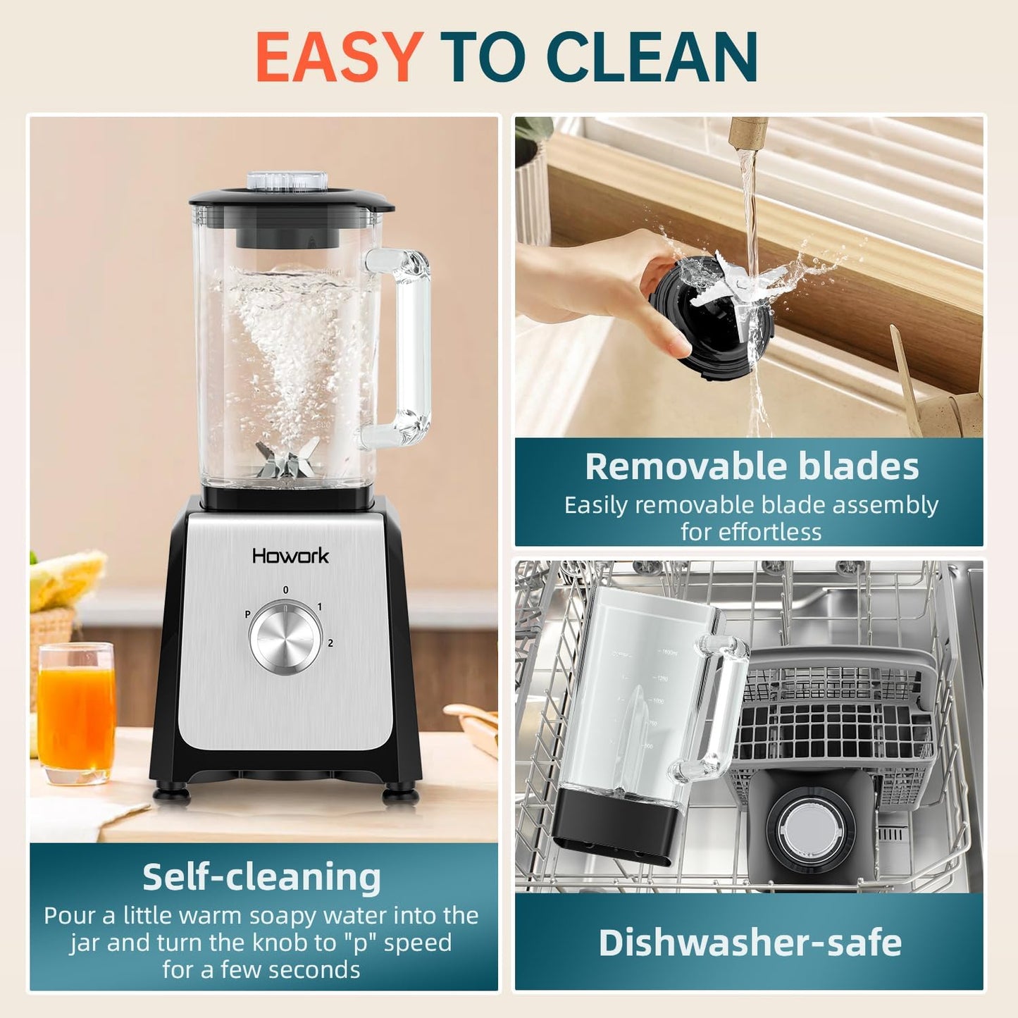 HOWORK Blender for Smoothies, 750W Personal Blender, 56 Oz Glass Jar, 16oz Portable Cups,2+p speed, 3 Functions for Smoothies, Frozen Drinks & Ice Cream,Black