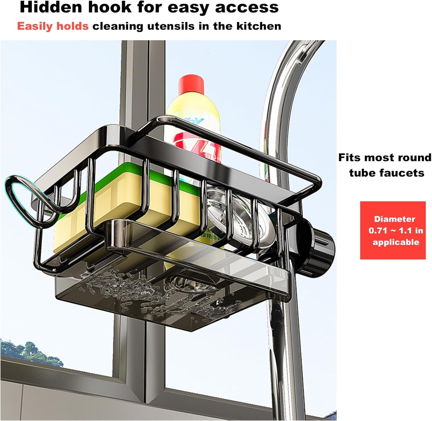 Sink Organizer Rack for Kitchen and Bathroom, 2024 New Stainless Steel Detachable Hanging Faucet Drain Rack with Drip Tray Faucet Sponge Holder for Bathroom, Scrubbers, Soap (Black, Left)