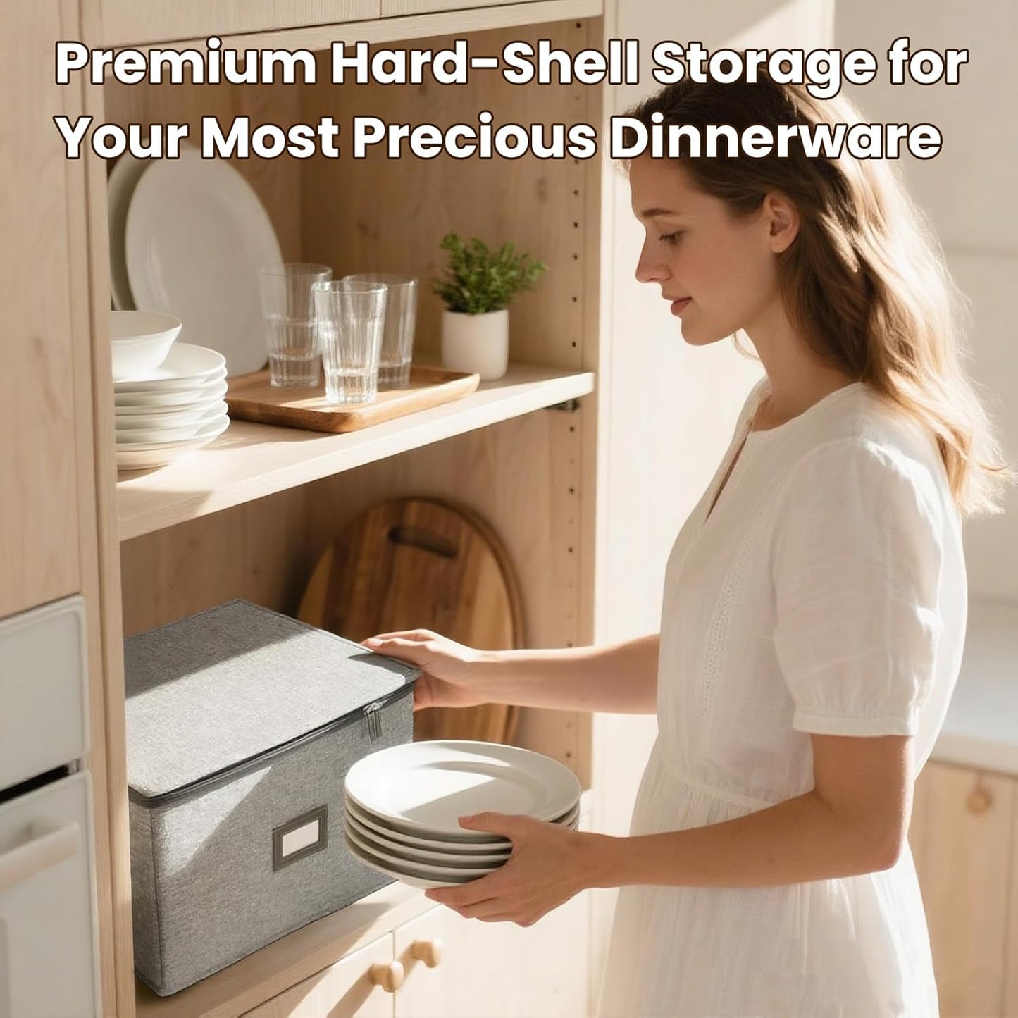 HOMELUX THEORY Dessert Plate Storage Box, 2pc Light Gray Hard Shell China Storage Containers With 24 Felt Pads, Kitchen Storage Bins With Lids, Heavy Duty Moving Box for Dishes & Dinner Plate