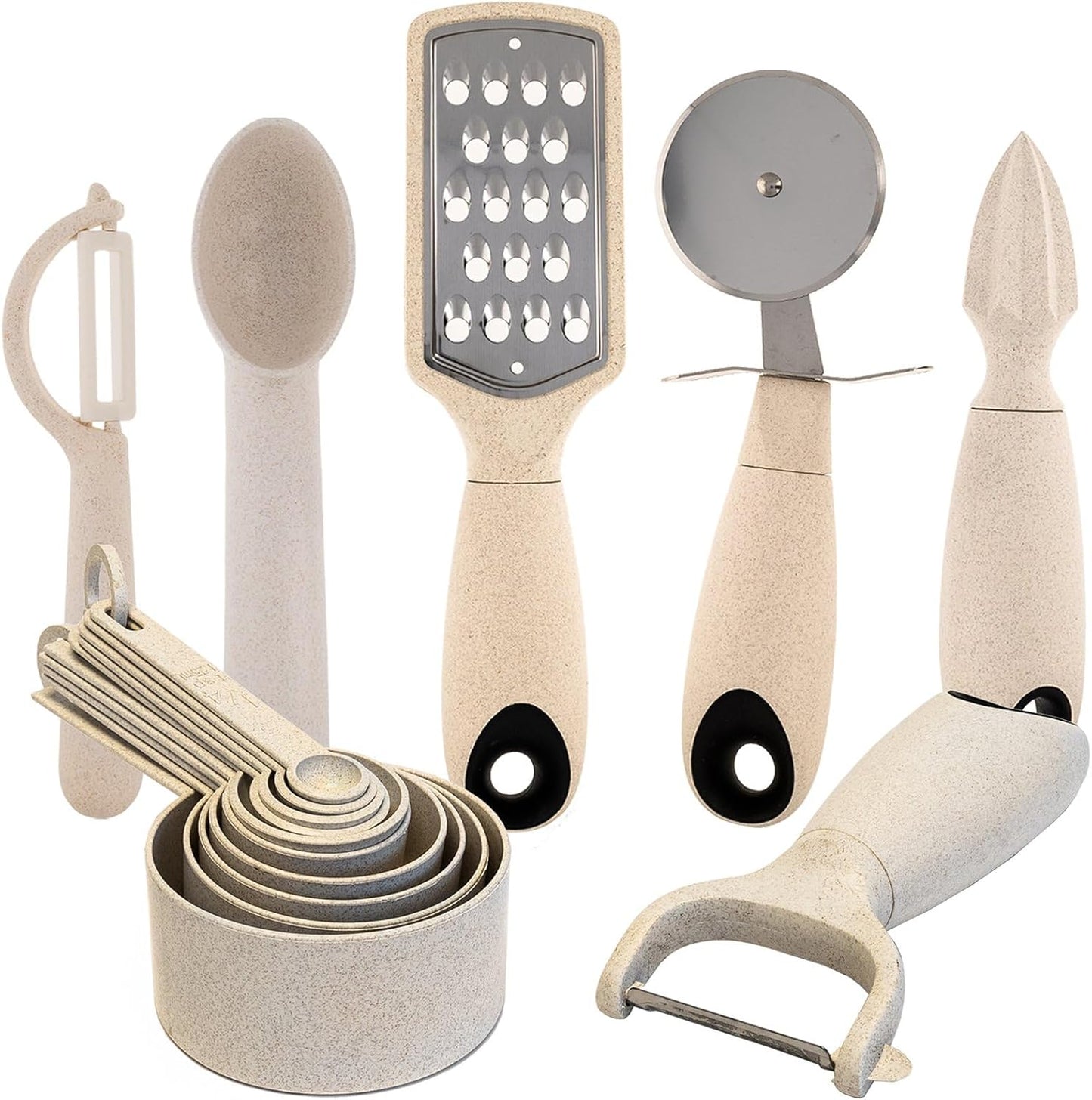 Beille 16pc Wheat Straw Complete Kitchen Utensils Set, Cream