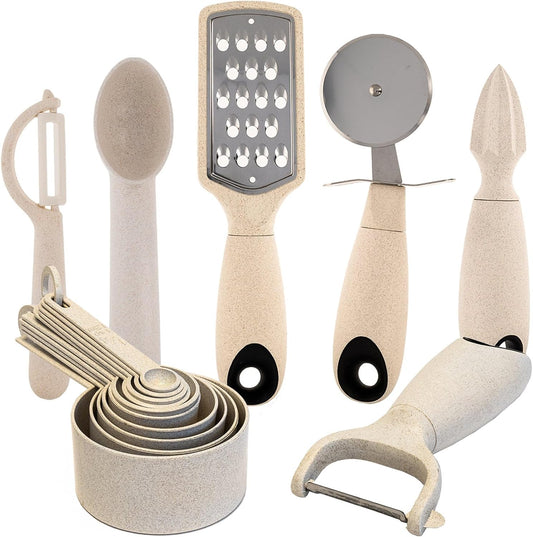 Beille 16pc Wheat Straw Complete Kitchen Utensils Set, Cream