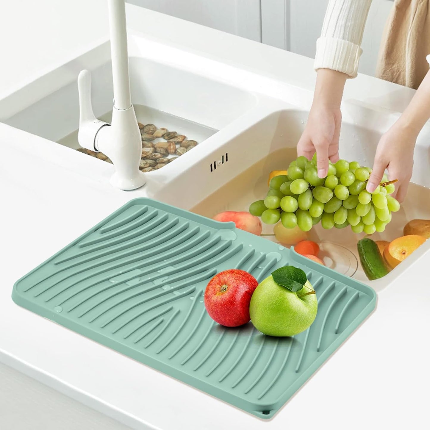 Silicone Dish Drying Mat for Kitchen Counter, Dish Drying Pad, Non-Slip Drain Pad with Built-in Drain, Heat Resistant Stone Drying Mat(15.8" x 13", Mint)