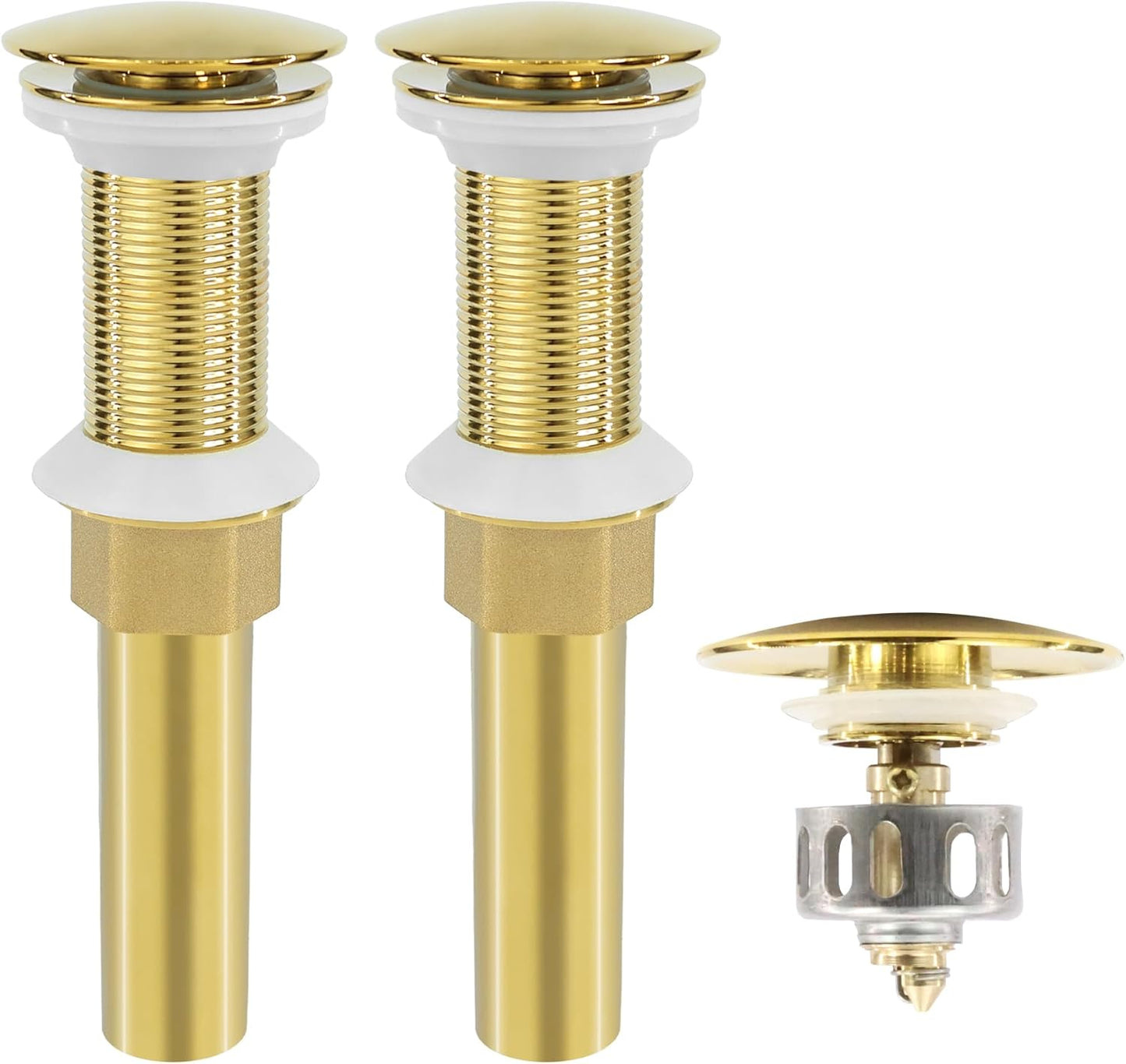 Bathroom Sink Drain, 2 Pack Gold Drain Stopper Without Overflow,Pop Up Drain Assembly Without Detachable Strainer Basket,Built-in Anti-Clogging Strainer,Stainless Steel