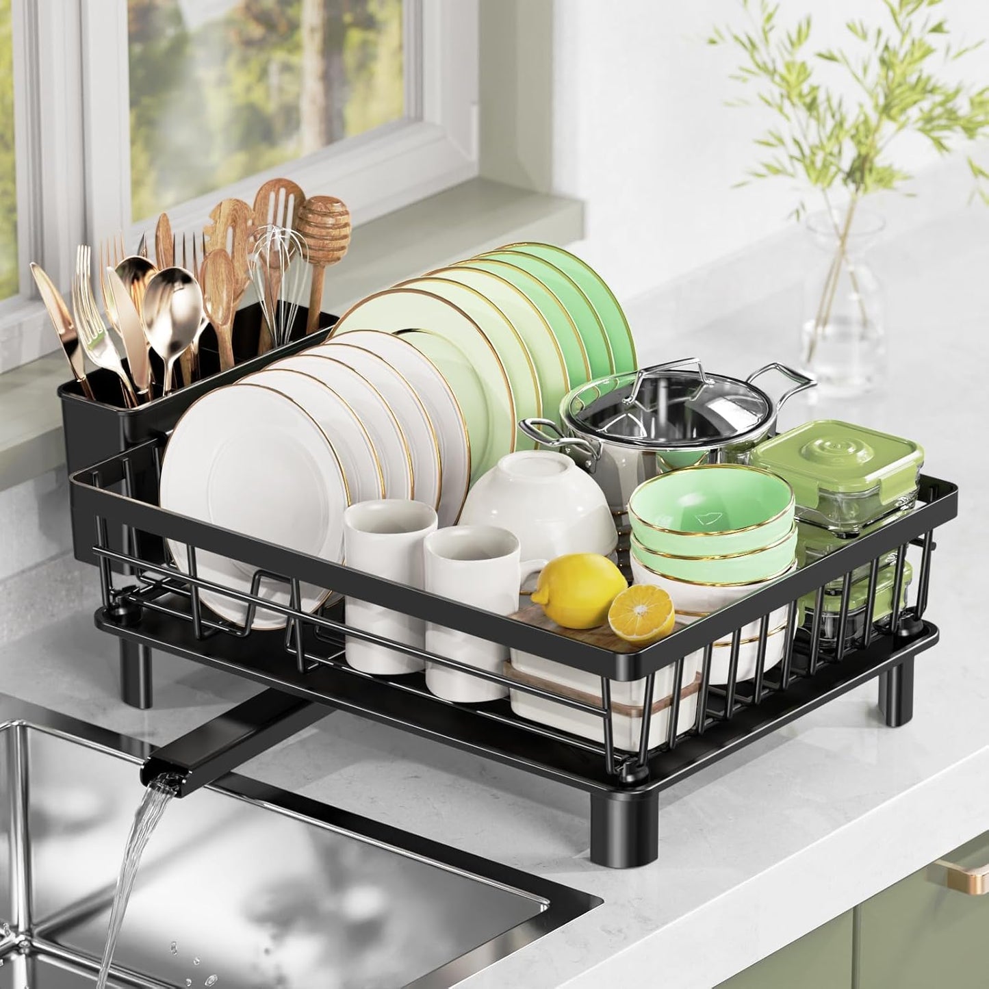 Dish Drying Rack, Stainless Steel Drainer Rack with Drainboard with Smart Drainage System, Space Saving Dish Strainer for Kitchen Counter with Cutlery Holder, Black