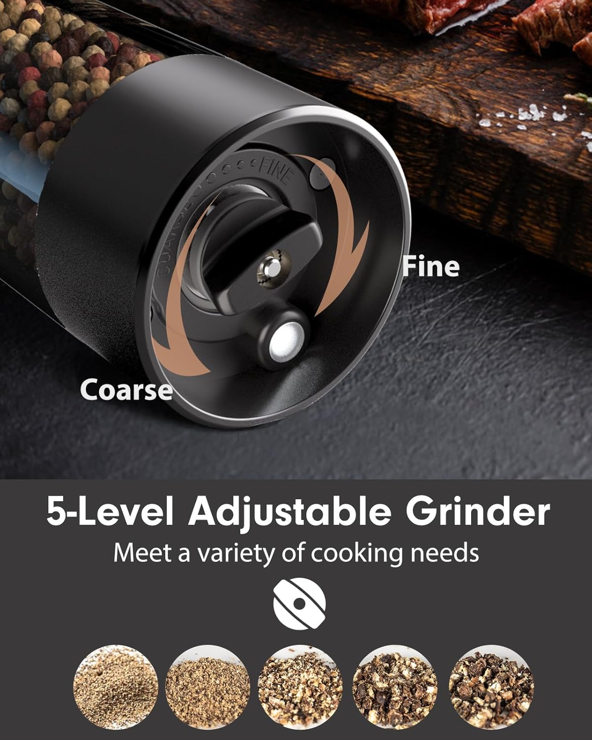 Upgraded Larger Capacity Electric Salt and Pepper Grinder Set Rechargeable with LED lights, Stainless Steel Automatic Pepper and Salt Grinder Refillable with 5 Adjustable Coarseness Black - White