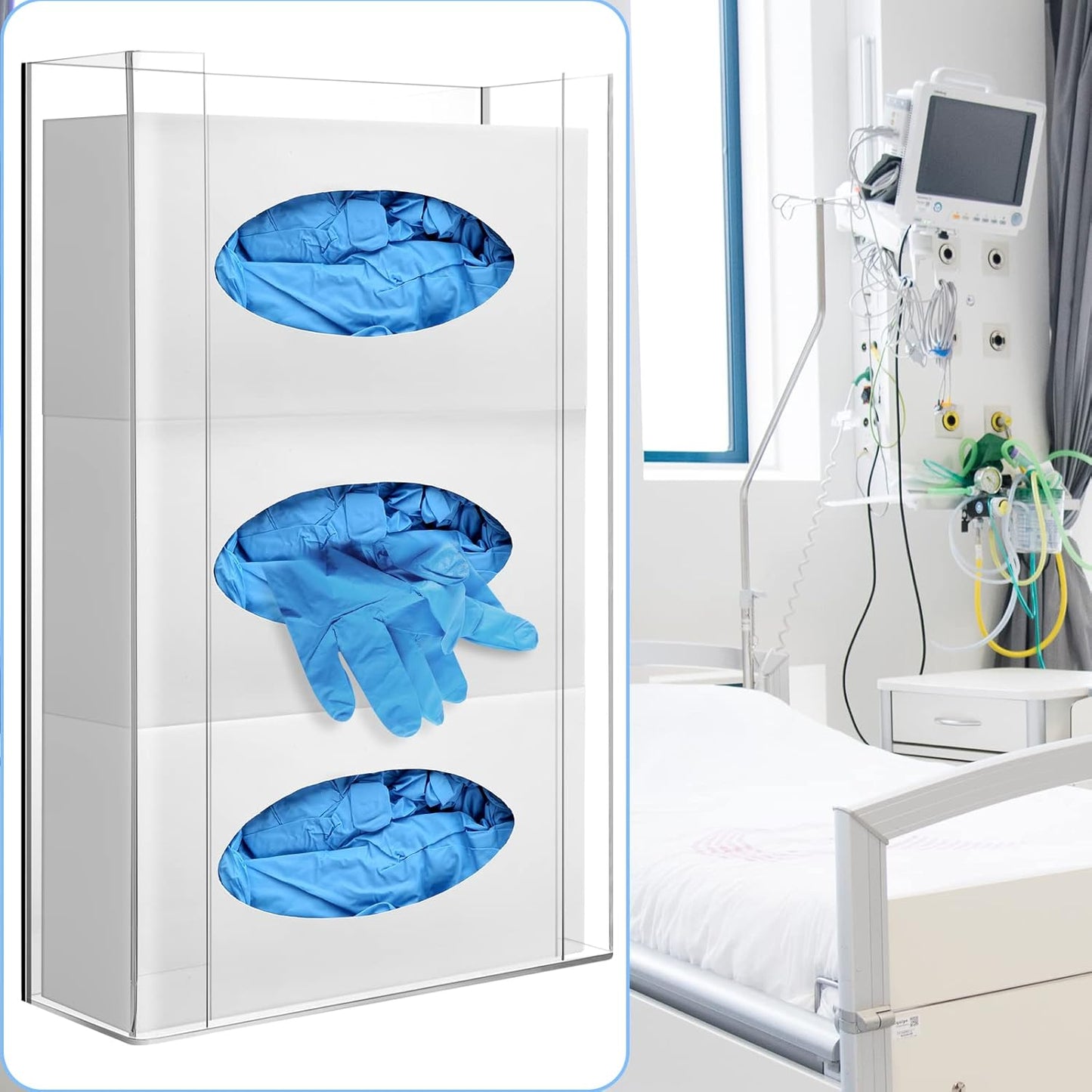 Weysat Wall Mounted Acrylic Glove Box Holder Double Dispenser Floating Glove Box Organizer Storage Rack for 3 Boxes for Kitchen Cleaning Closet Lab Exam Office (16.1 H x 10.2 W x 3.8 D)