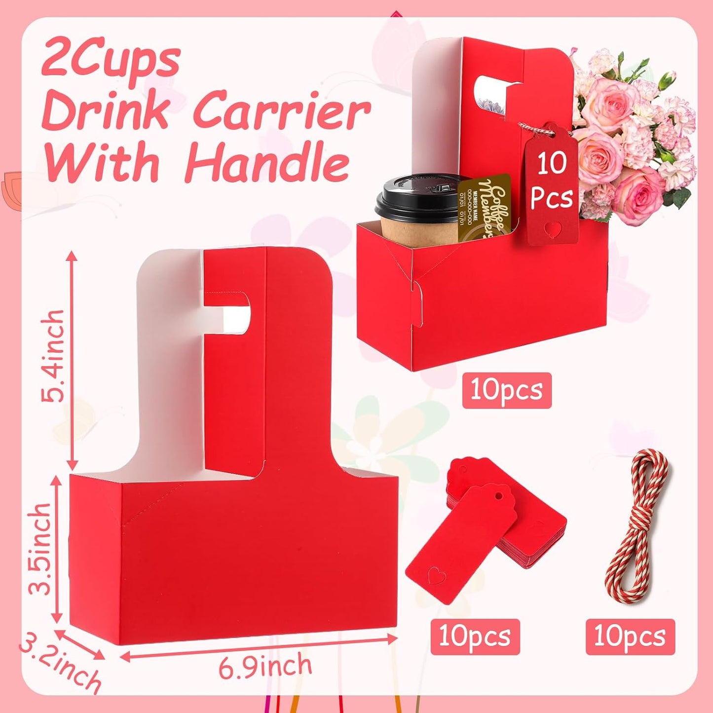 10 Pack 2 Cup Disposable Drink Carrier with Handle Paperboard Coffee Cup Holder Portable for Hot Cold Drinks Food Delivery Services with Heart Card for Teacher Appreciation Week Mother's Day