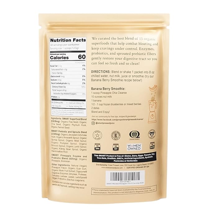 SMART Pressed Juice Pineapple Chia Cleanse | Prebiotic Superfood Plant Based Fiber with Vegan Probiotics & Enzymes | Pineapple Juice Cleanse for Women & Men | 30 Servings