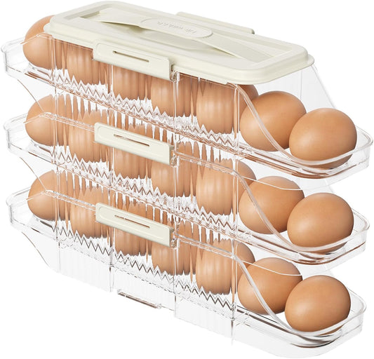 Automatic Rolling Egg Holder for Fridge, Clear Plastic Egg Organizer with Handle for Refrigerator, Egg Container for Kitchen Storage, 1 Row 3 layers