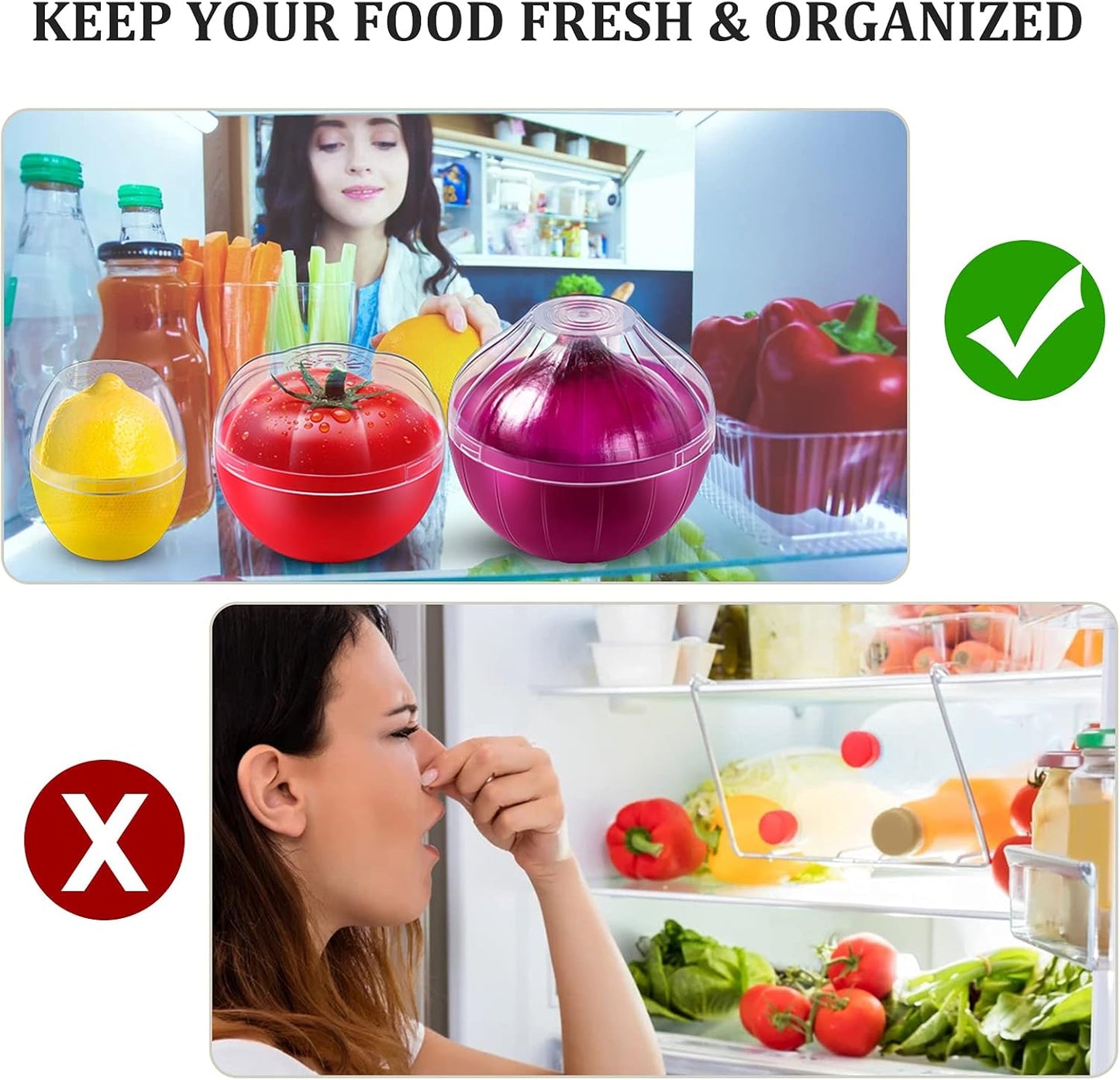 Vegetable and Fruit Storage Containers for Fridge, 4 Pcs BPA Free Reusable Food Saver - Tomato, Avocado, Onion, Lemon Keeper Holder - Refrigerator Vegetable Crisper for Keeping Food Fresh Longer