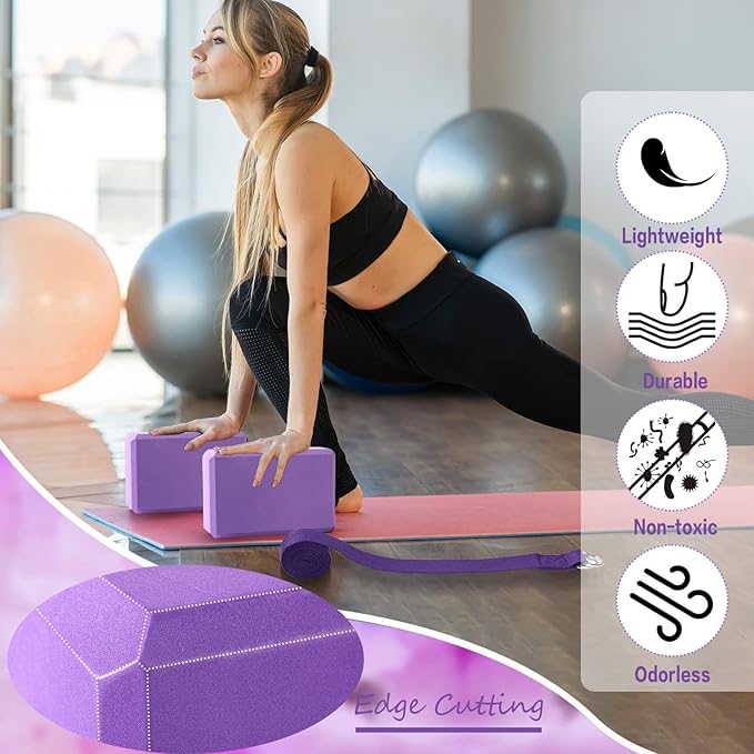 Outus 20 Pack Yoga Blocks and Straps Non-Slip EVA Foam Blocks with Metal D Ring Straps for Gym Exercise and Workout