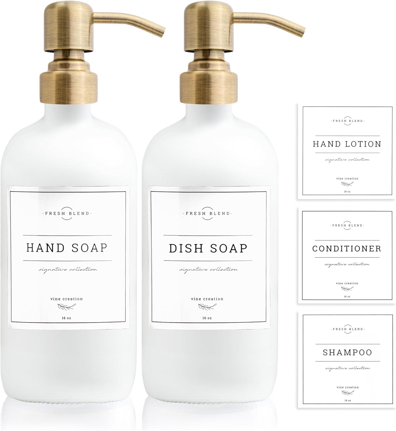 Vine Creations White Glass Soap Dispenser, 2 Pack Kitchen Soap Dispenser Set with Stainless Steel Pump, 16 oz Dish Soap and Hand Soap Dispensers for Bathroom with Waterproof Labels